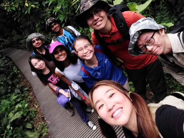 13 May 2017 - Folks full of glee and curiosity about nature out on a Love MacRitchie Walk. Author Teresa is at bottom of picture and student photo contributor Xu Cheng is on her left. In the group behind are Samuel and Pei En, Anusha, Elaine, Kripa and Muralikumar. (Photo credit: Teresa Teo Guttensohn)